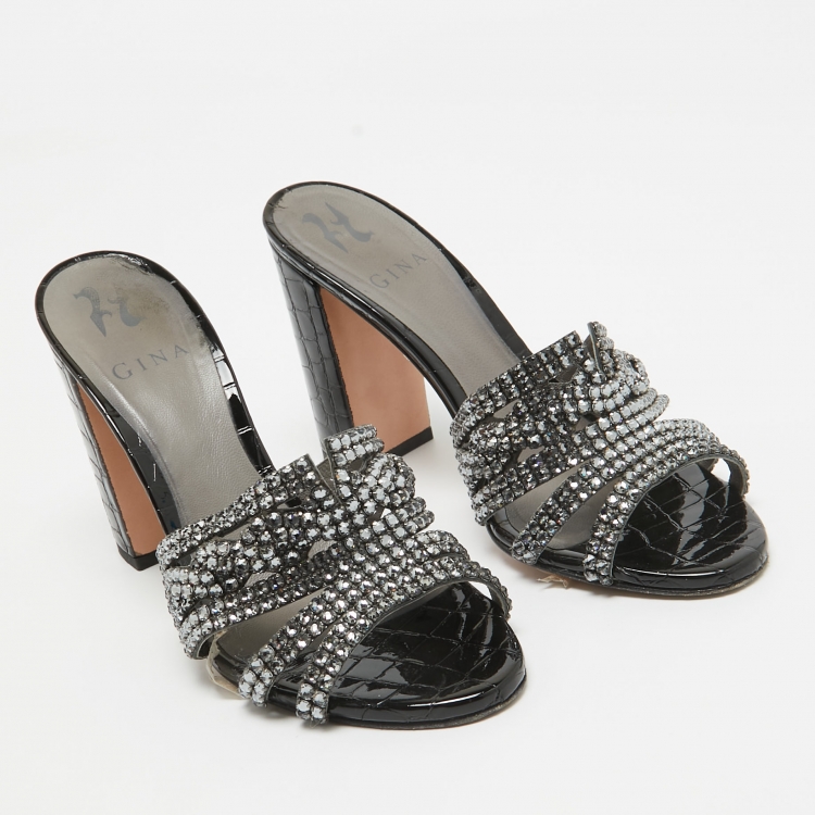 Pre Owned Gina Black Croc Embossed Patent and Leather Rodeo Sandals Size 38