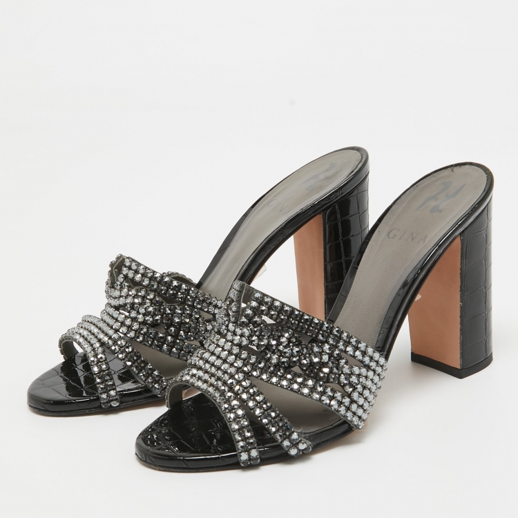 Pre Owned Gina Black Croc Embossed Patent and Leather Rodeo Sandals Size 38