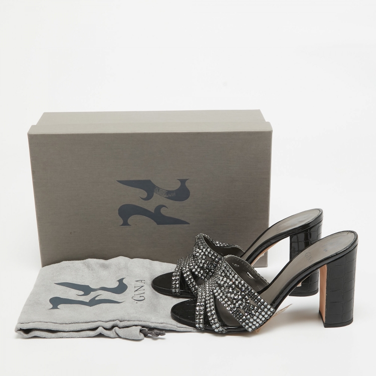 Pre Owned Gina Black Croc Embossed Patent and Leather Rodeo Sandals Size 38