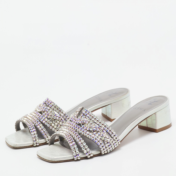 Pre Owned Gina Grey Croc Embossed Leather Crystal Embellished Loren Sandals Size 38