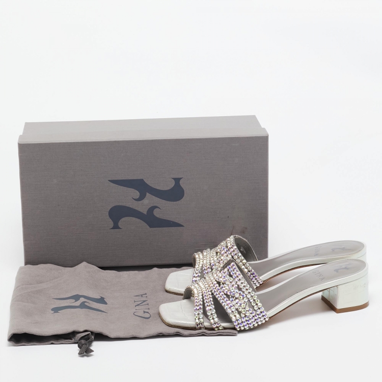 Pre Owned Gina Grey Croc Embossed Leather Crystal Embellished Loren Sandals Size 38