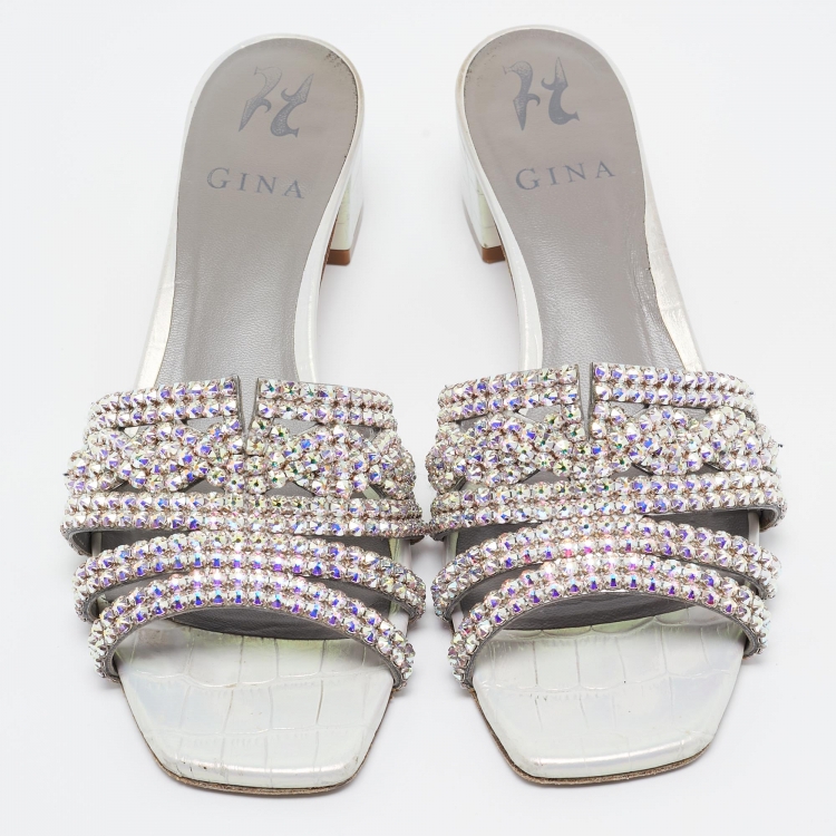 Pre Owned Gina Grey Croc Embossed Leather Crystal Embellished Loren Sandals Size 38