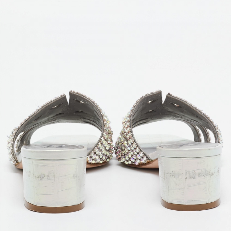 Pre Owned Gina Grey Croc Embossed Leather Crystal Embellished Loren Sandals Size 38