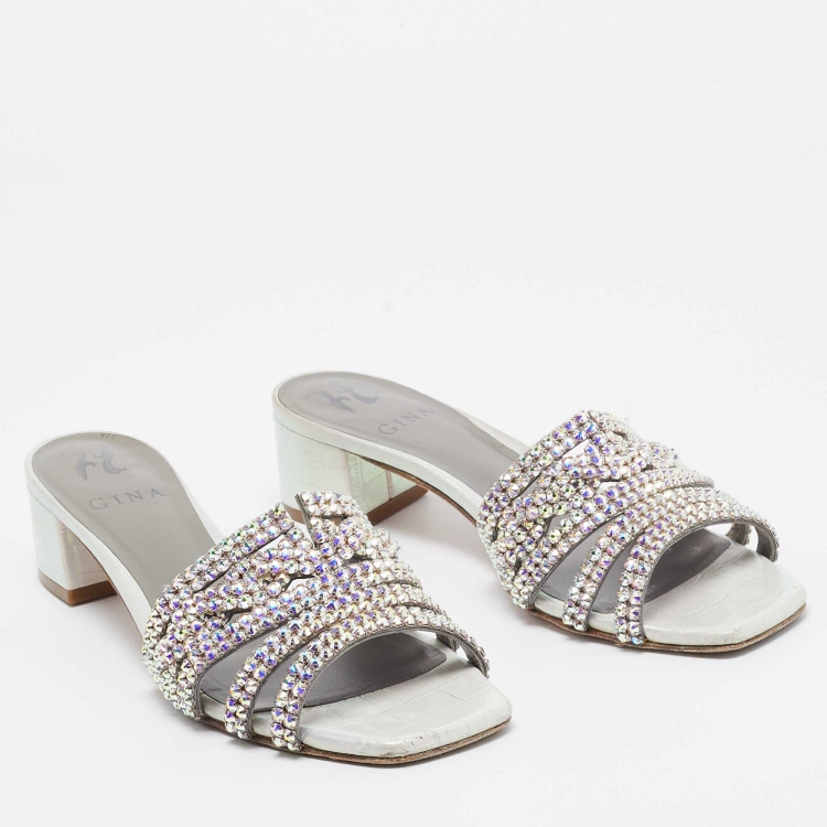 Pre Owned Gina Grey Croc Embossed Leather Crystal Embellished Loren Sandals Size 38