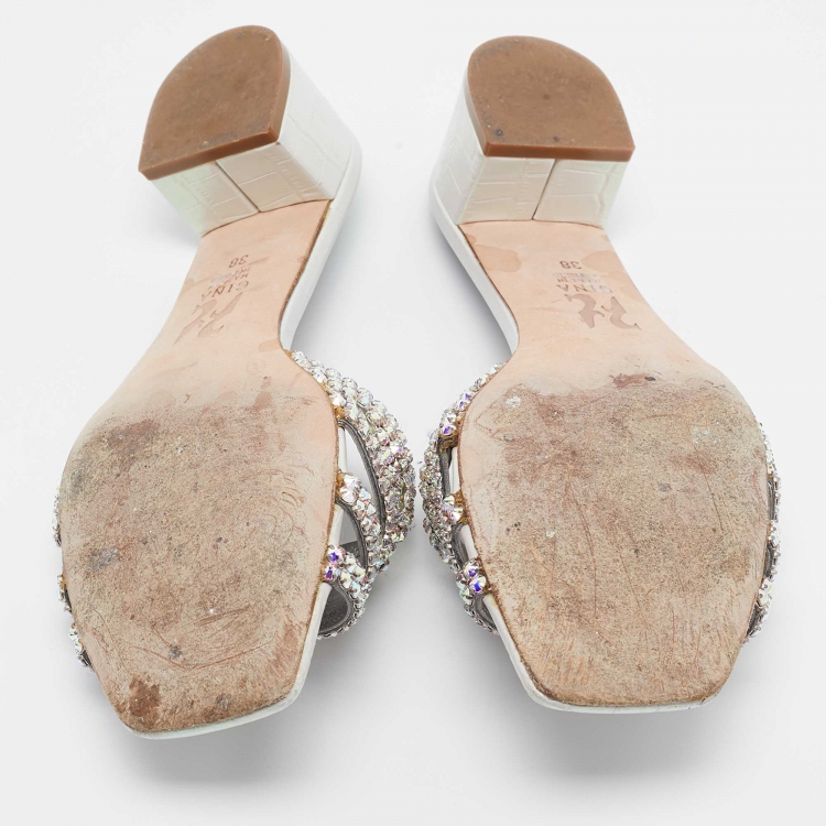 Pre Owned Gina Grey Croc Embossed Leather Crystal Embellished Loren Sandals Size 38