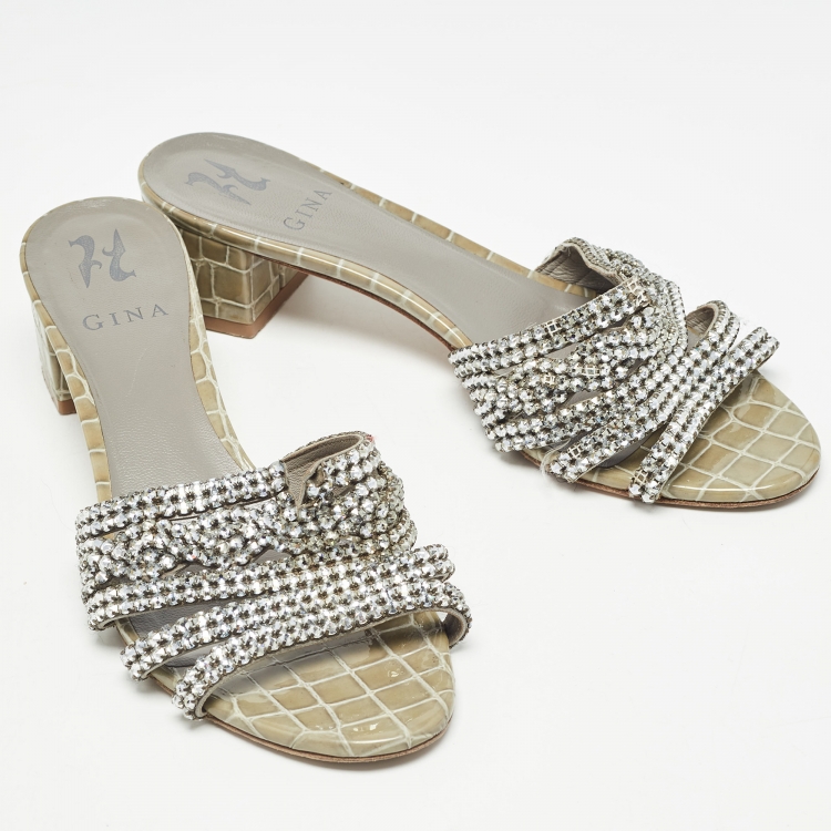 Pre Owned Gina Green Croc Embossed Patent Leather Crystal Embellished Sandals Size 40