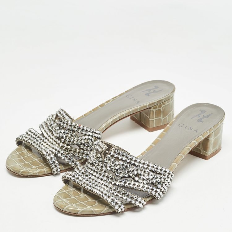 Pre Owned Gina Green Croc Embossed Patent Leather Crystal Embellished Sandals Size 40