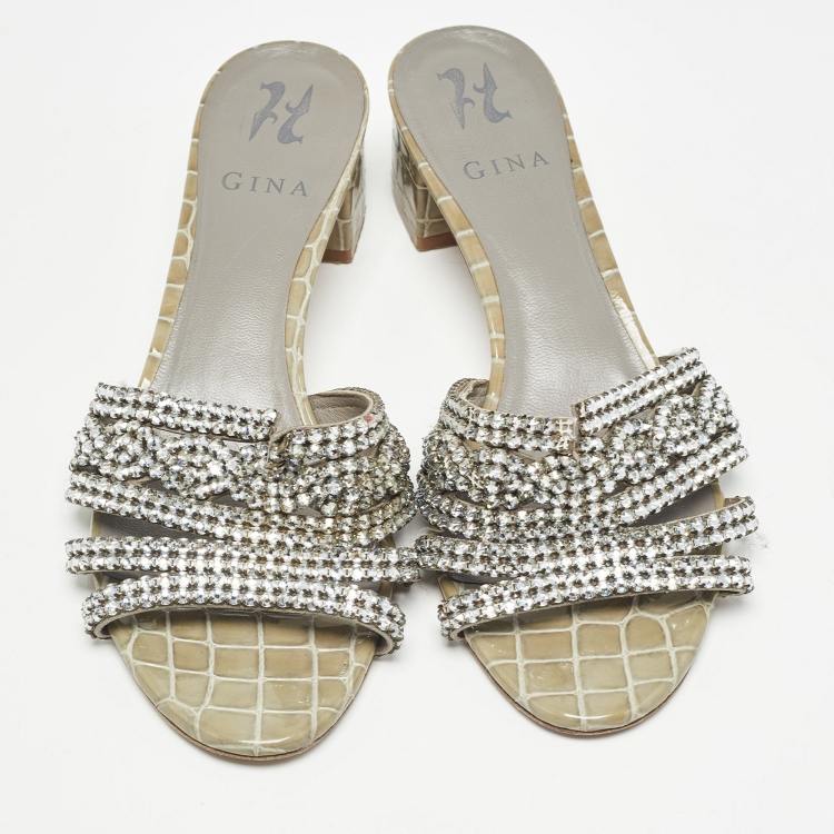 Pre Owned Gina Green Croc Embossed Patent Leather Crystal Embellished Sandals Size 40