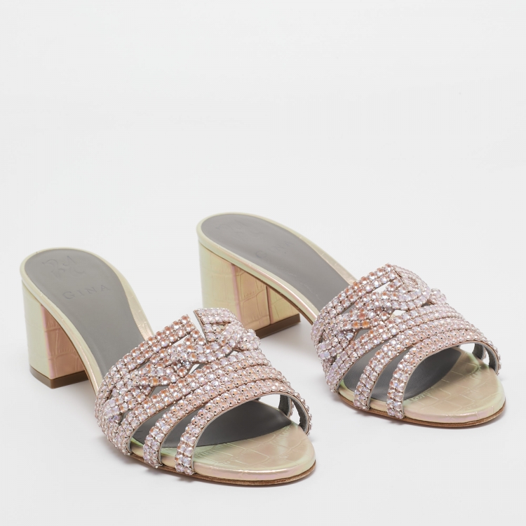 Pre Owned Gina Pink Crystal Embellished Leather Orsay Block Heel Slide Sandals Size 39.5