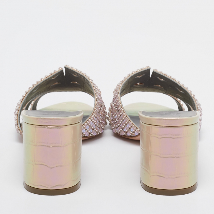 Pre Owned Gina Pink Crystal Embellished Leather Orsay Block Heel Slide Sandals Size 39.5