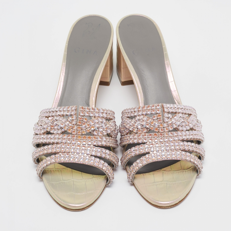Pre Owned Gina Pink Crystal Embellished Leather Orsay Block Heel Slide Sandals Size 39.5
