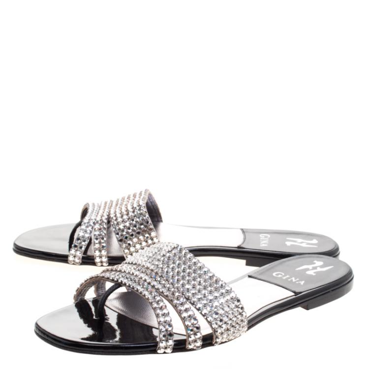 Pre Owned Gina Silver Crystal Embellished Flat Slides Size 40