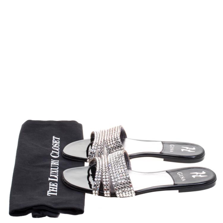 Pre Owned Gina Silver Crystal Embellished Flat Slides Size 40
