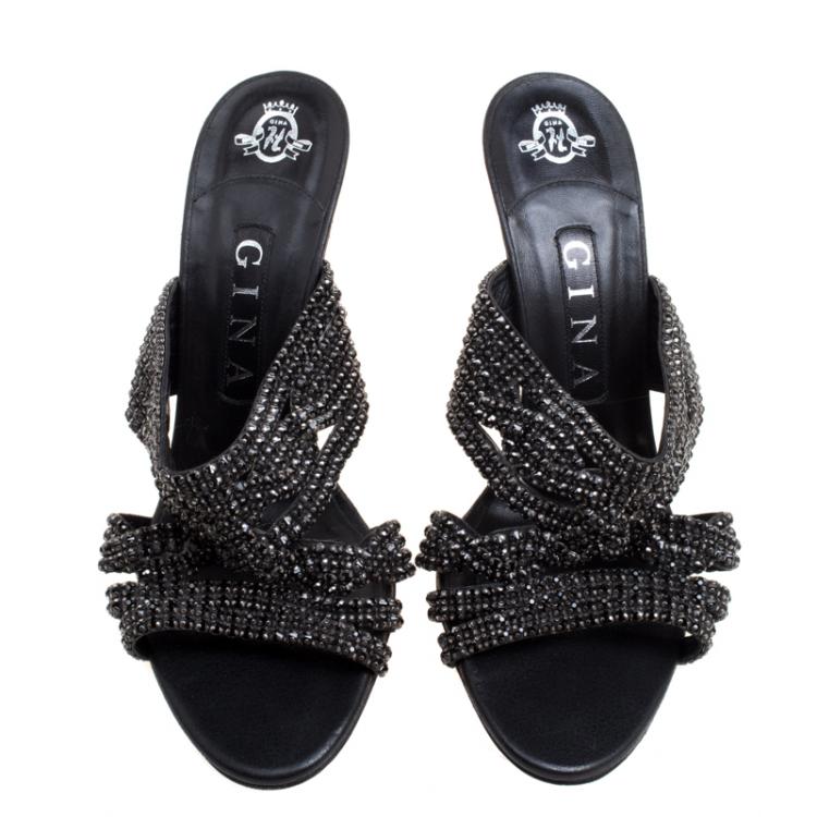 Pre Owned Gina Black Crystal Embellished Leather Slides Size 38.5