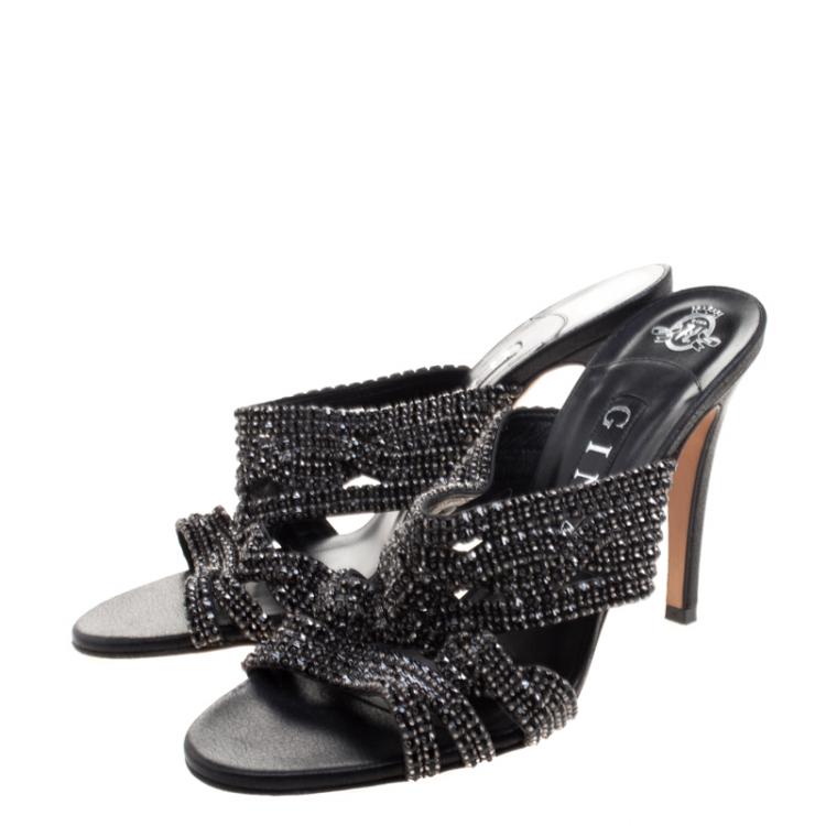 Pre Owned Gina Black Crystal Embellished Leather Slides Size 38.5