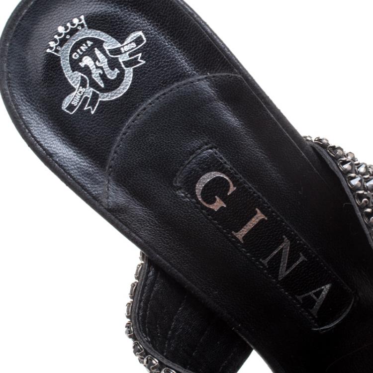 Pre Owned Gina Black Crystal Embellished Leather Slides Size 38.5