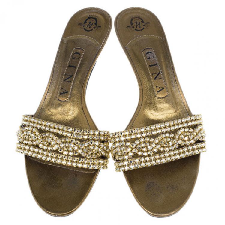 Pre Owned Gina Bronze Kitten Heel Slides Size 37.5