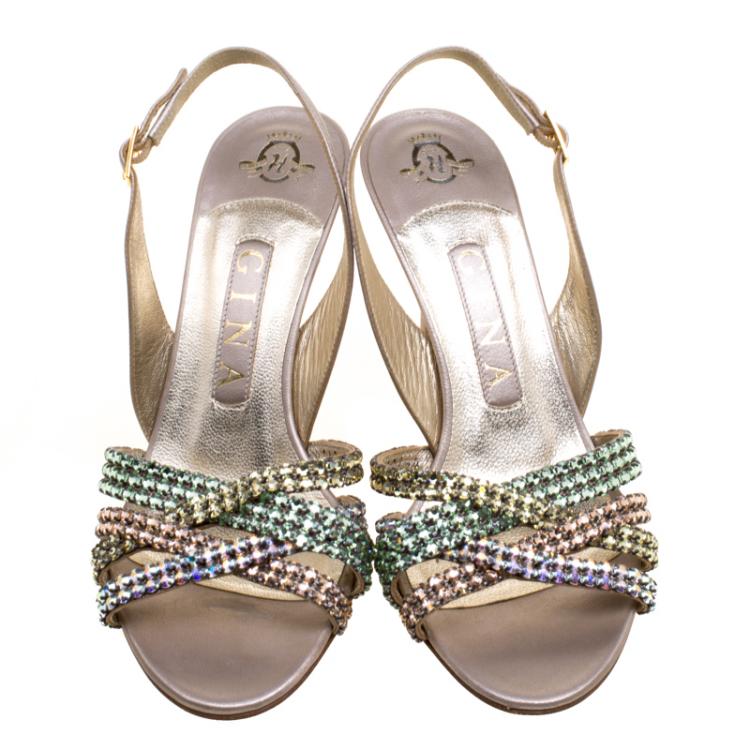 مملوكة مسبقًا Gina Metallic Pale Pink Leather Crystal Embellished Slingback Sandals Size 37