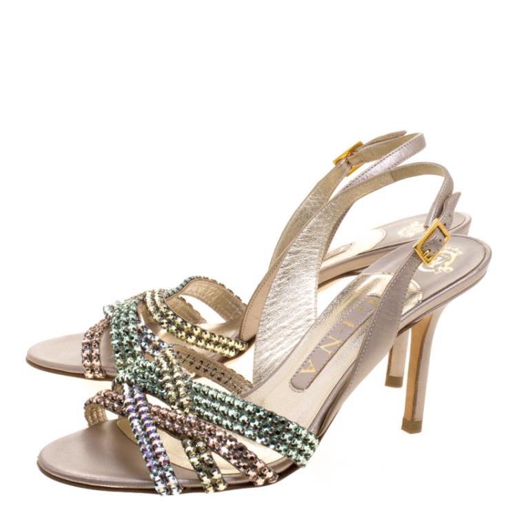 مملوكة مسبقًا Gina Metallic Pale Pink Leather Crystal Embellished Slingback Sandals Size 37