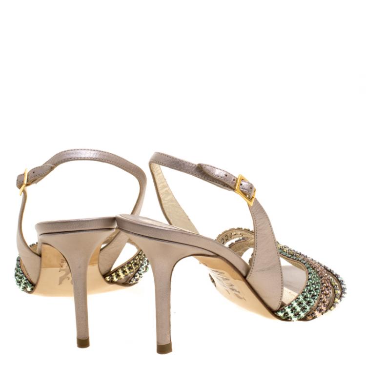 مملوكة مسبقًا Gina Metallic Pale Pink Leather Crystal Embellished Slingback Sandals Size 37