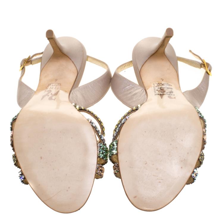 مملوكة مسبقًا Gina Metallic Pale Pink Leather Crystal Embellished Slingback Sandals Size 37