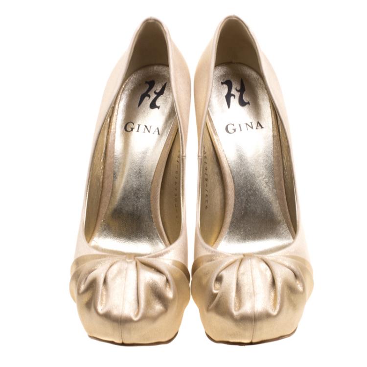 Pre Owned Gina Metallic Gold Lamè Fabric Clair Platform Pumps Size 38.5