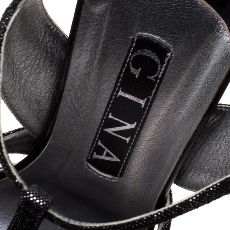 مملوكة مسبقًا Gina Metallic Black Suede T Strap Platform Sandals Size 39