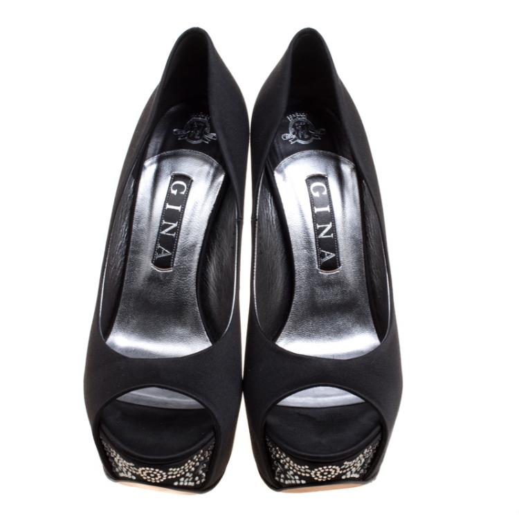 Pre Owned Gina Black Crystal Embellished Satin Peep Toe Platform Pumps Size 40