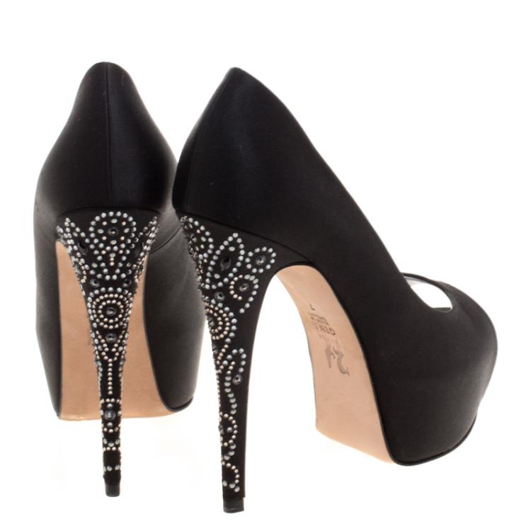 Pre Owned Gina Black Crystal Embellished Satin Peep Toe Platform Pumps Size 40