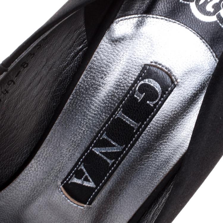 Pre Owned Gina Black Crystal Embellished Satin Peep Toe Platform Pumps Size 40