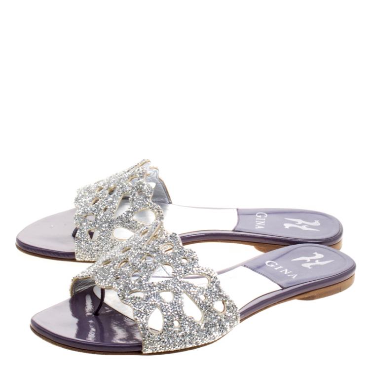 Pre Owned Gina Purple Crystal Embellished Leather Flat Slides Size 37.5