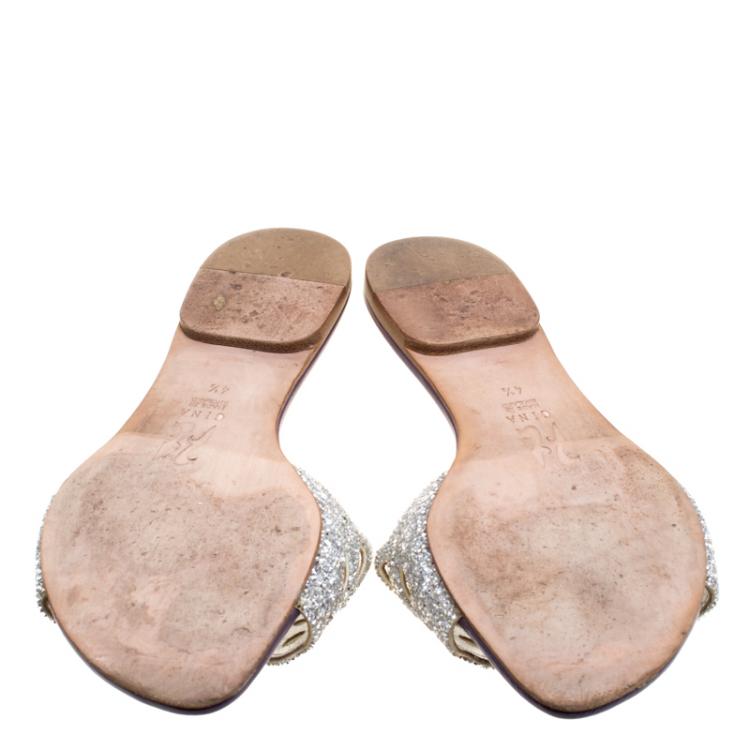 Pre Owned Gina Purple Crystal Embellished Leather Flat Slides Size 37.5