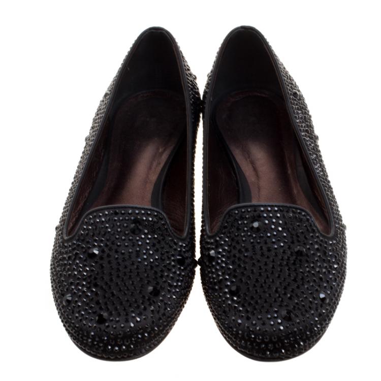 Pre Owned Gina Black Crystal Embellished Satin Smoking Slippers Size 38