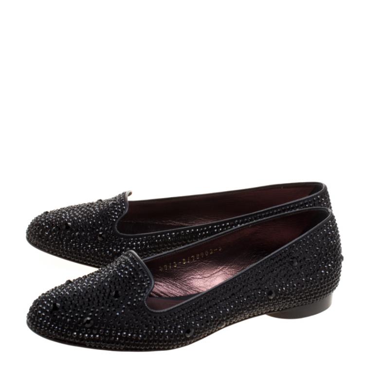 Pre Owned Gina Black Crystal Embellished Satin Smoking Slippers Size 38