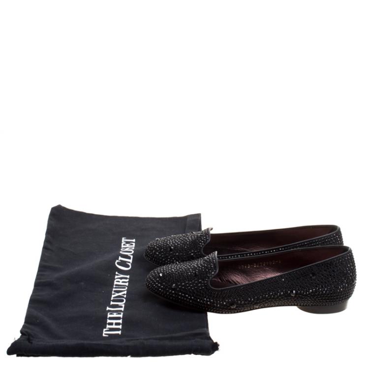 Pre Owned Gina Black Crystal Embellished Satin Smoking Slippers Size 38