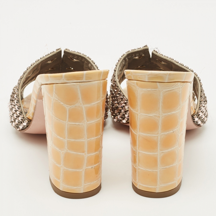 Pre Owned Gina Two Tone Croc Embossed Patent Leather Crystal Embellished Slide Sandals Size 38.5