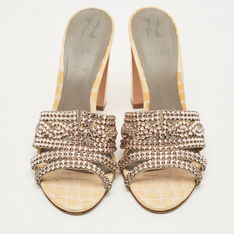 Pre Owned Gina Two Tone Croc Embossed Patent Leather Crystal Embellished Slide Sandals Size 38.5