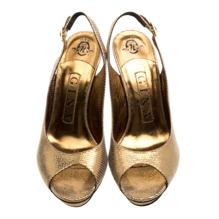 Pre Owned Gina Metallic Gold Lizard Embossed Peep Toe Slingback Sandals Size 36