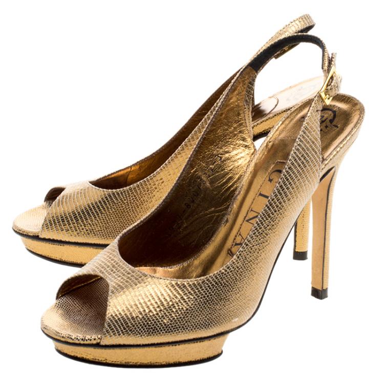 Pre Owned Gina Metallic Gold Lizard Embossed Peep Toe Slingback Sandals Size 36