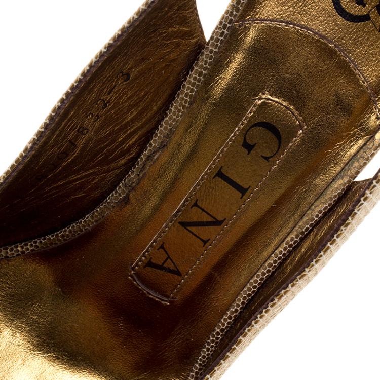 Pre Owned Gina Metallic Gold Lizard Embossed Peep Toe Slingback Sandals Size 36