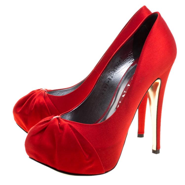 Pre Owned Gina Red Satin Clair Hoodie Platform Pumps Size 38
