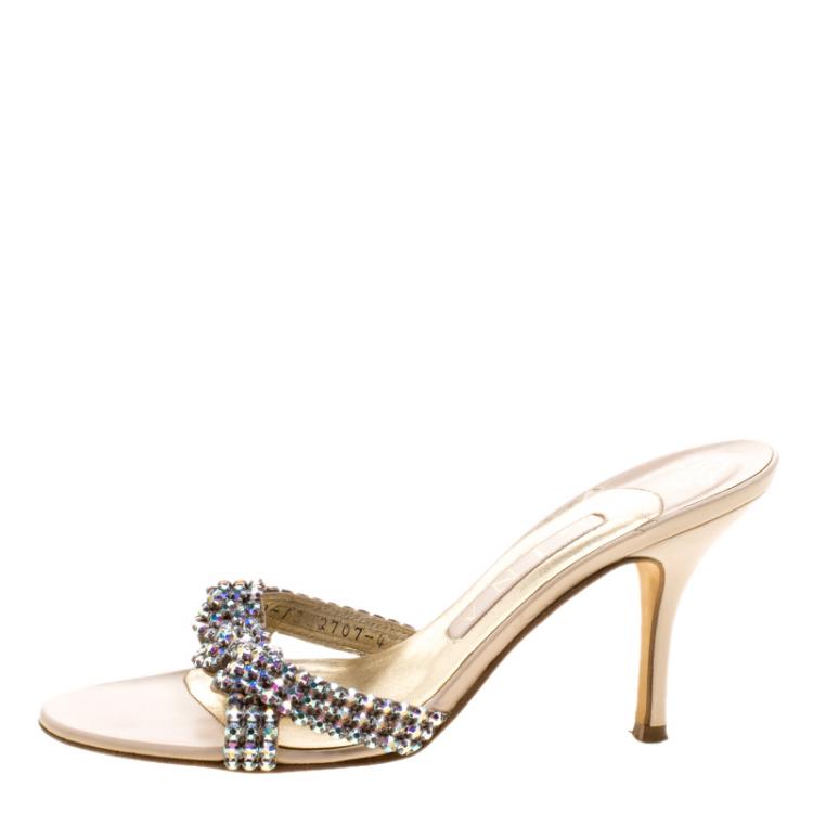Pre Owned Gina Beige Crystal Embellished Leather Slides Size 37