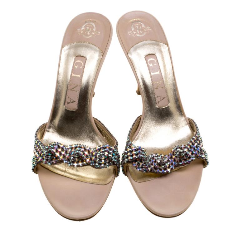 Pre Owned Gina Beige Crystal Embellished Leather Slides Size 37