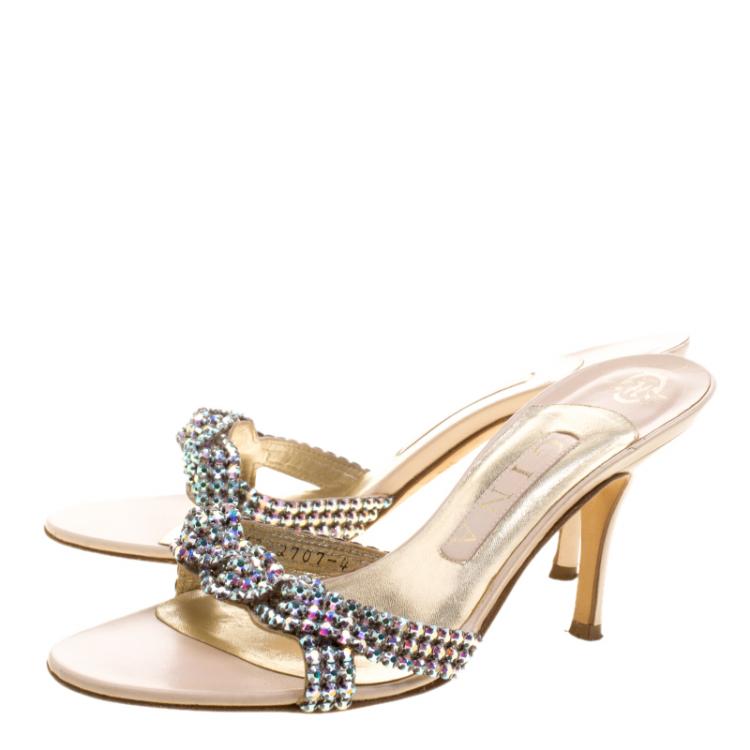Pre Owned Gina Beige Crystal Embellished Leather Slides Size 37