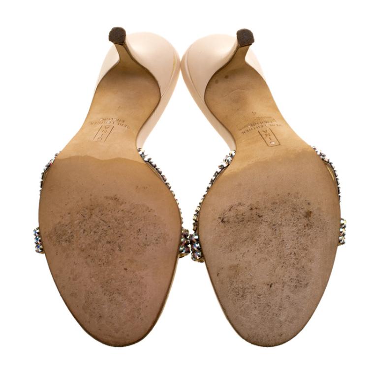 Pre Owned Gina Beige Crystal Embellished Leather Slides Size 37