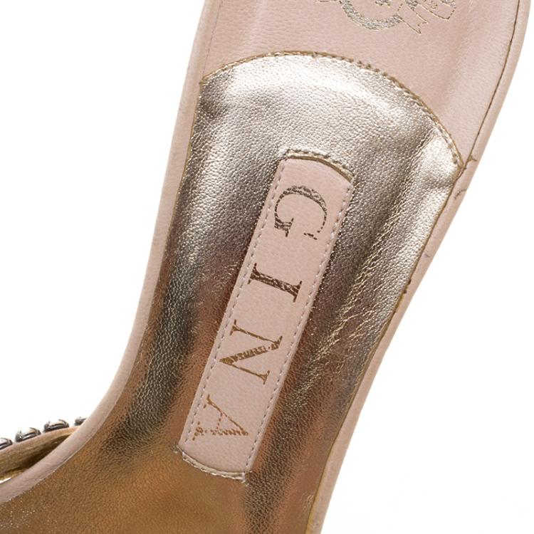 Pre Owned Gina Beige Crystal Embellished Leather Slides Size 37