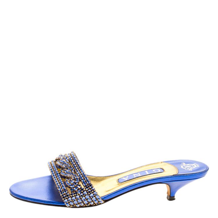 Pre Owned Gina Blue Crystal Embellished Kitten Heel Slides Size 38
