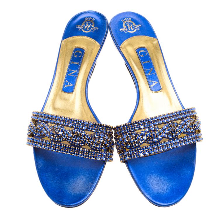 Pre Owned Gina Blue Crystal Embellished Kitten Heel Slides Size 38