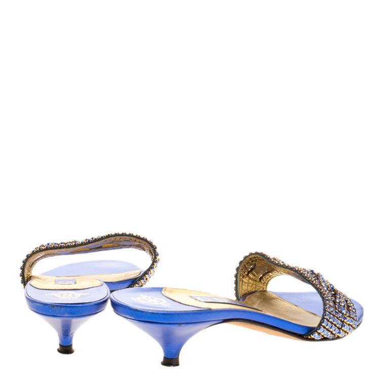 Pre Owned Gina Blue Crystal Embellished Kitten Heel Slides Size 38