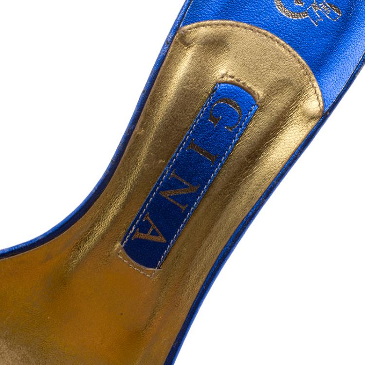 Pre Owned Gina Blue Crystal Embellished Kitten Heel Slides Size 38